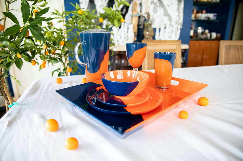 1/2 & 1/2 Melamine Dinner Plate (Orange/Navy) Set of 4. Exclusive Design By Thomas Fuchs Creative