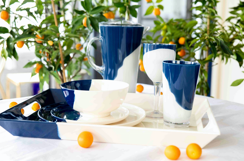 1/2 & 1/2 Melamine Dinner Plate (Ivory/Navy) Set of 4. Exclusive Design By Thomas Fuchs Creative